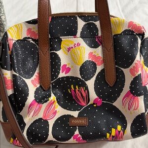 Fossil Black and Pink Floral Tote Bag